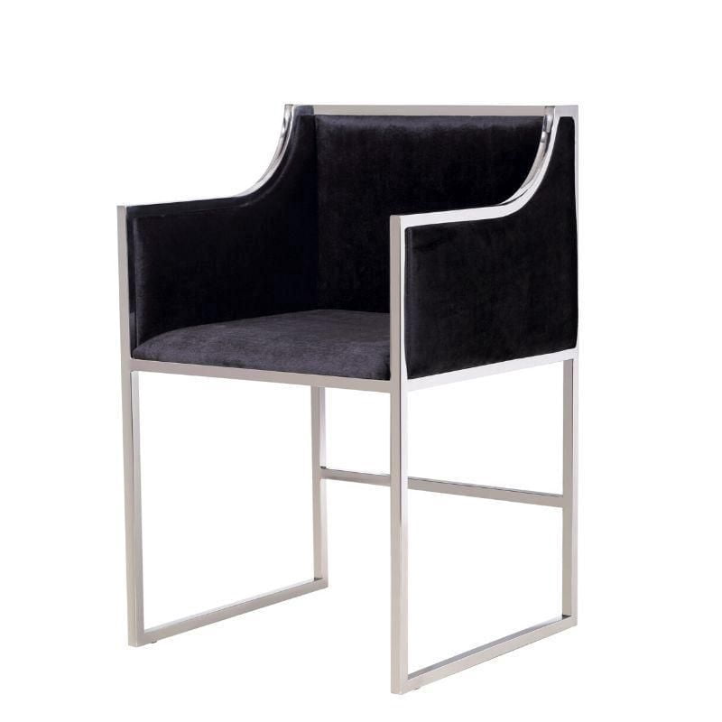 Chaise de salle à manger noire Take Me Home KARAT – Chaise de salle à manger moderne et luxueuse avec revêtement en velours noir doux, base en métal doré et accoudoirs confortables, parfaite pour les