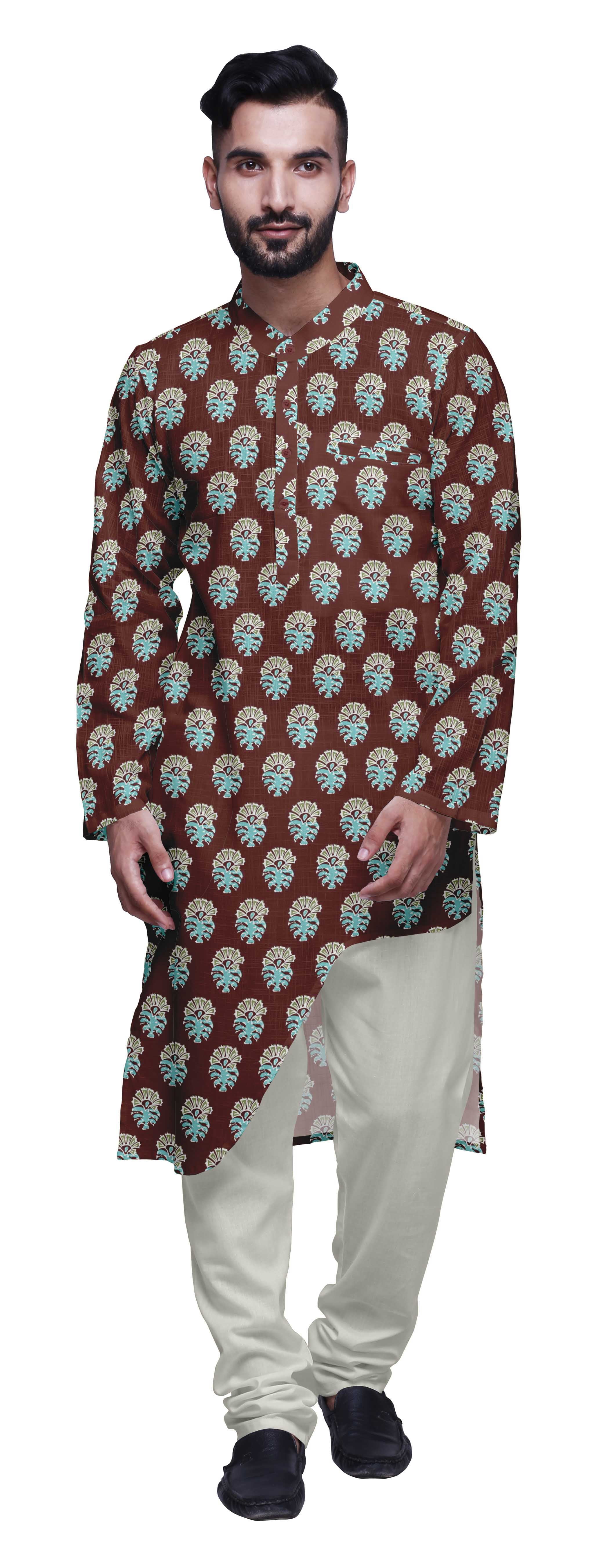 Atasi Printed Casual Asymmetric Kurta Pyjama For Men Designer Long Kurta Set