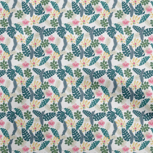 oneOone Polyester Spandex White Fabric Tropical Leaf Sewing Material Print Fabric By The Yard 56 Inch Wide