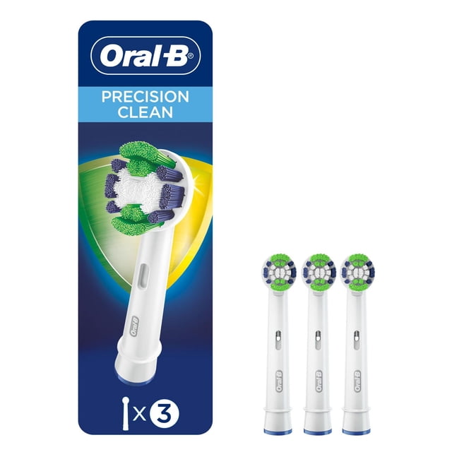 Oral-B Precision Clean Replacement Electric Toothbrush Head pack showing one close-up round brush head with green, white, and blue bristles designed for up to 400% more plaque removal along the gum line, alongside three identical replacement heads standing upright on a white background.