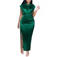 thumbnail image 1 of AherBiu Robe en Satin pour Femmes Élégante à Manches Cap, Col Montant, Froncée, Fendue, Soirée, Cocktail, Maxi, 1 of 5