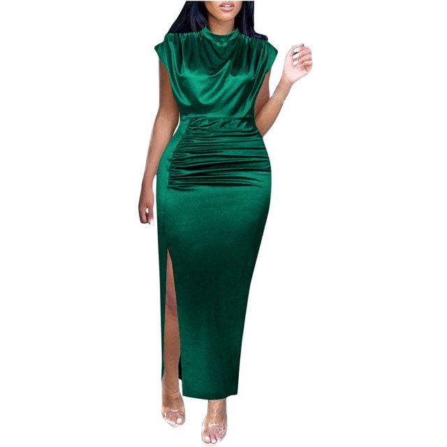 AherBiu Robe en Satin pour Femmes Élégante à Manches Cap, Col Montant, Froncée, Fendue, Soirée, Cocktail, Maxi
