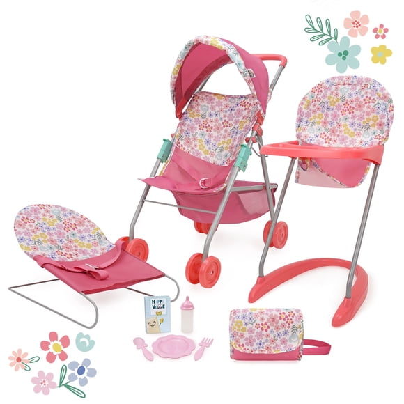 509 Crew Bloom Coffret "Stroll n Feed & Care" pour poupée (9 pièces) : poussette, chaise haute, chaise haute, sac à couches, accessoires pour les repas et le toilettage. À partir de 3 ans.
