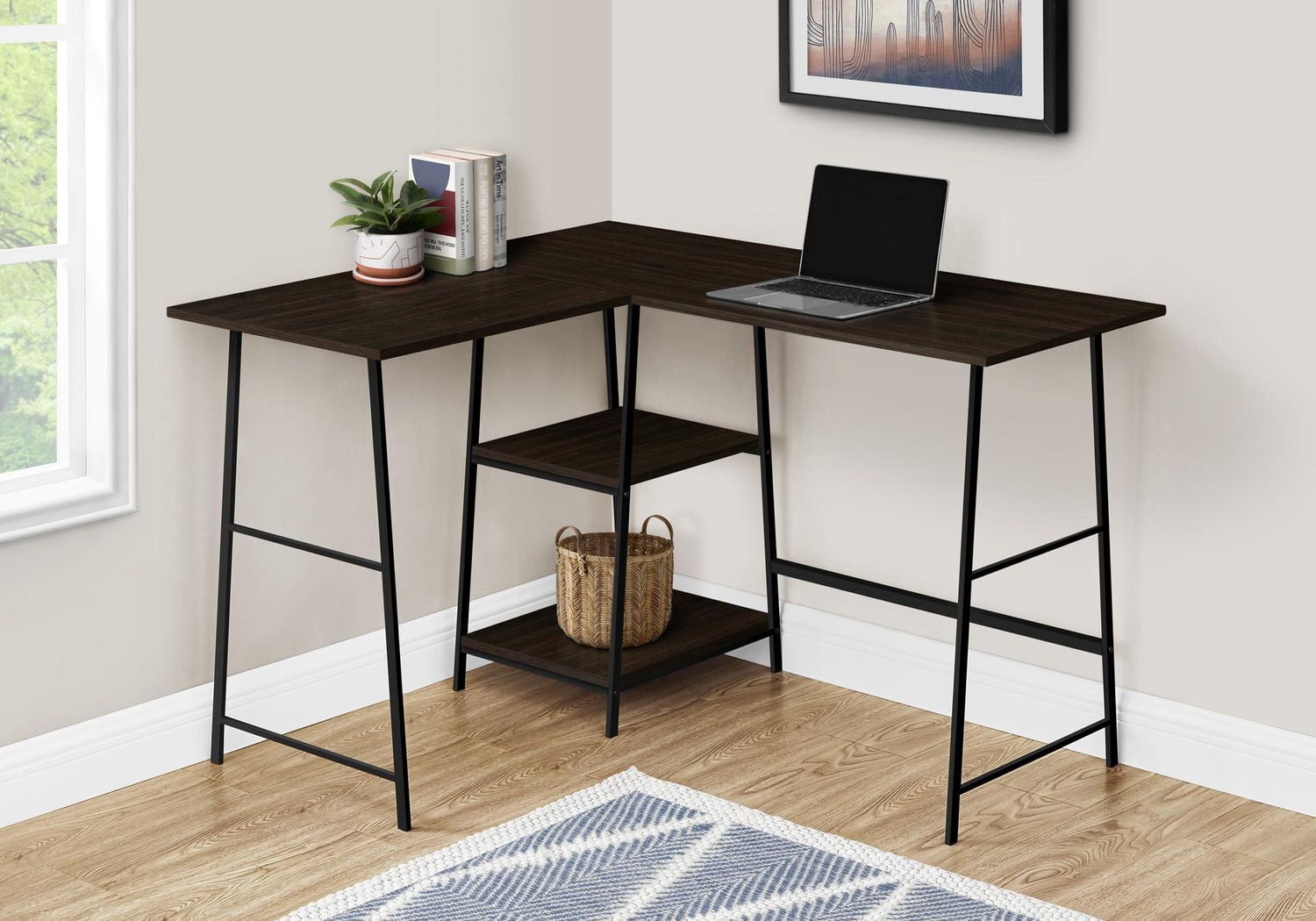 Monarch Specialties Computer Desk, Home Office, Corner, Storage Shelves, 48"l, L Shape, Work, Laptop, Metal, Laminate, Brown, Black, Contemporary, Modern