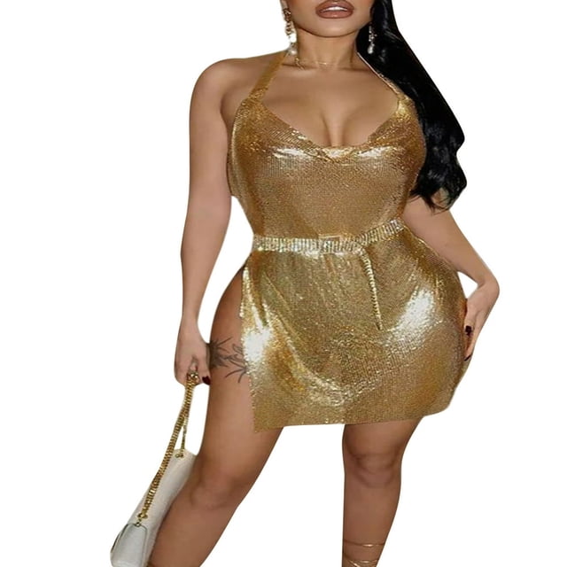 EIMELI Robe Mini Pailletée pour Femmes Col Halter Fente Latérale Dos Nu Robe Moulante Club