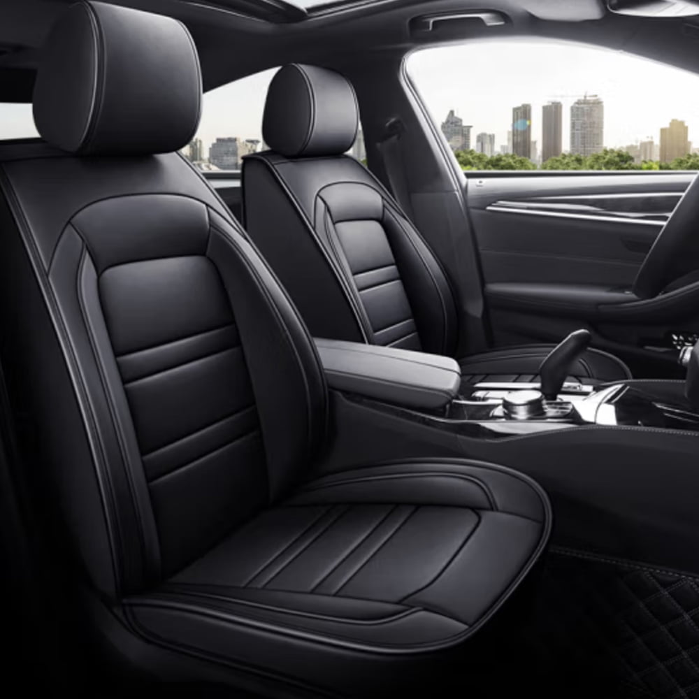 Maidao Car Seat Covers Leather Full Set for Honda for Civic 2005-2011 5 Seats Compatible Airbag Water Resistant Front Rear Cushion Protector with Pillow and Headrest Black