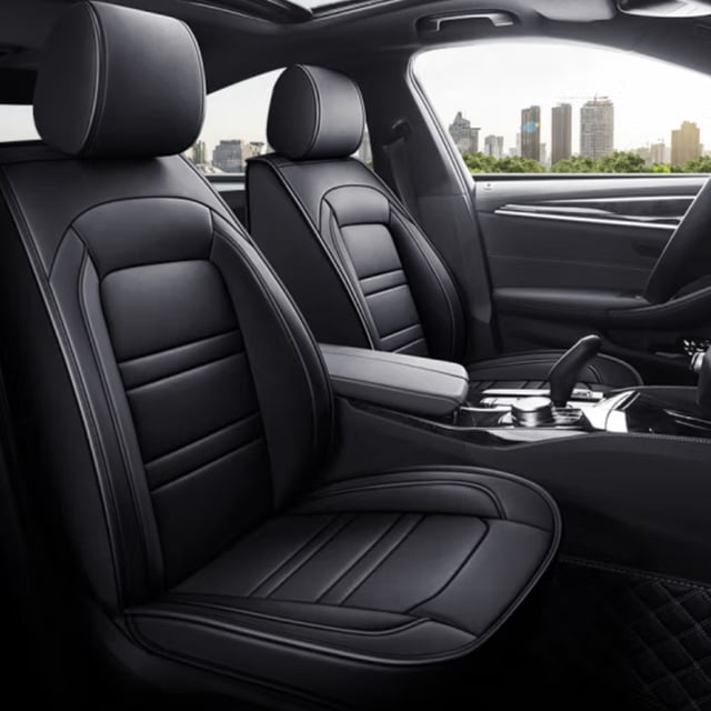 Maidao Car Seat Covers Leather Full Set for Jeep for Commander 2005-2010 5 Seats Compatible Airbag Water Resistant Front Rear Cushion Protector with Pillow and Headrest Black
