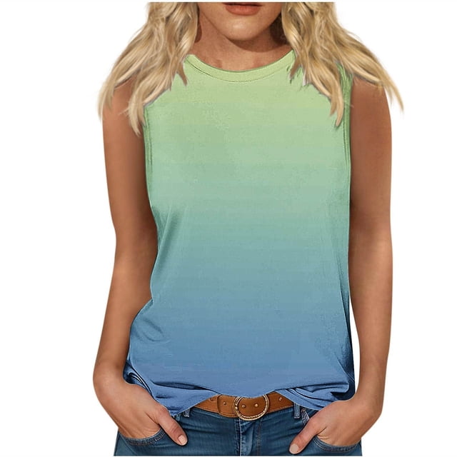 Plebaso Débardeurs 2025 pour Femmes Sans Manches à Col Rond T-Shirts Décontractés à Imprimé Dégradé Blouses d'Été T-Shirts