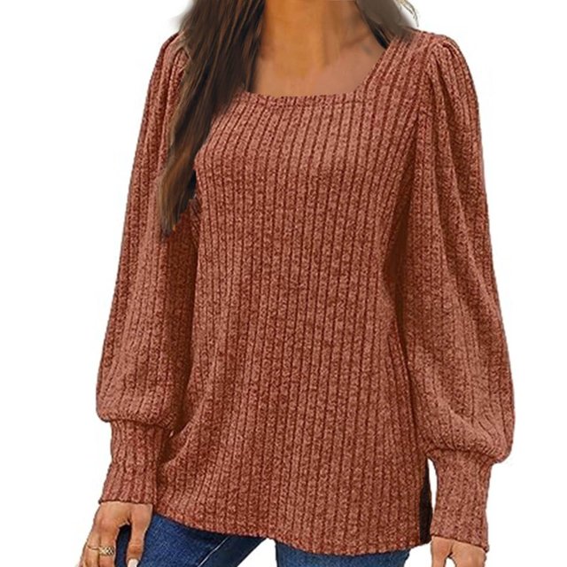 Meichang Puff Long Sleeve Shirts for Women Plus Size Square Neck Ribbed Knit Tops Solid Loose Fit Side Slit Hem Blouses Spring Trendy Women Tunic Tops