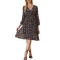 thumbnail image 2 of INSPIRE CHIC Robe Portefeuille Bohème à Fleurs pour Femme, Col en V, Manches Bishop, Longueur sous le Genou, TG, Noir, 2 of 6
