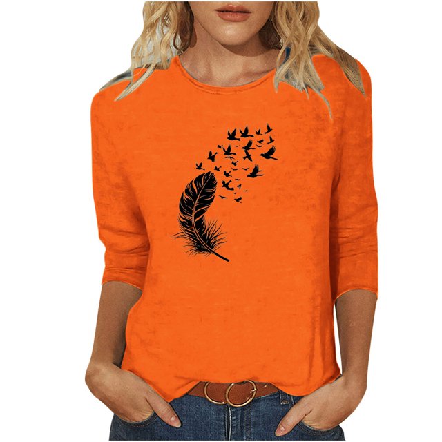 Dadaria Chemise Orange pour Femmes Hauts Manches 3/4 T-Shirt Col Rond Grande Taille Tee Été Chandail Blouses S