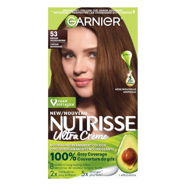 Garnier Nutrisse Teinture Capillaire Permanente Ultra Crème Teinte 53 Brun Doré Moyen, Enrichie d'Un Mélange Nourrissant de Cinq Huiles de Fruits, Dont l'Avocat, Offrant une Couverture des Cheveux Gris à 100 % et une Couleur Vive Longue Durée jusqu'à 8 Semaines, Montrée sur l'Emballage Vert avec image d'Avocat.