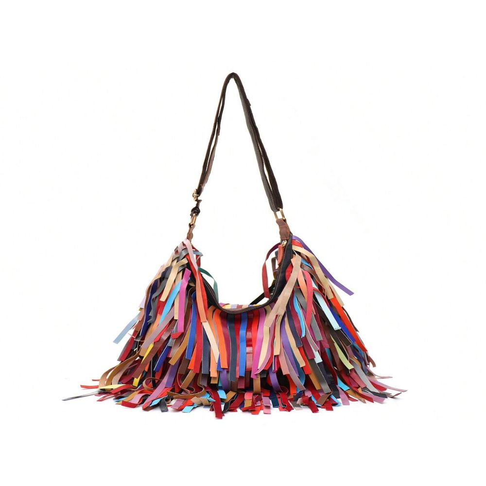LNGOOR Women‘s Colorful Fringed Bag  Genuine Leather Soft Casual Shoulder Bag  Random Color