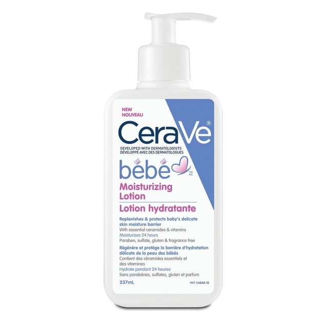 CeraVe Bébé Moisturizing Lotion in a white 237mL pump bottle with blue and pink label text, formulated with essential ceramides and vitamins to replenish and protect baby's delicate skin moisture barrier, moisturizing for 24 hours, paraben, sulfate, gluten, and fragrance-free.