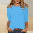 thumbnail image 2 of DENGDENG Chemisiers pour Femmes Chandails à Manches 3/4 Polyester Tuniques Amples Hauts Décontractés T-Shirts à Col Rond Mignons d'Été Chandails à Manches au Coude Boho Chandail à Manches Trois Quarts Haut à Enfiler Chemisiers Petite avec Poche Cyan m, 2 of 9