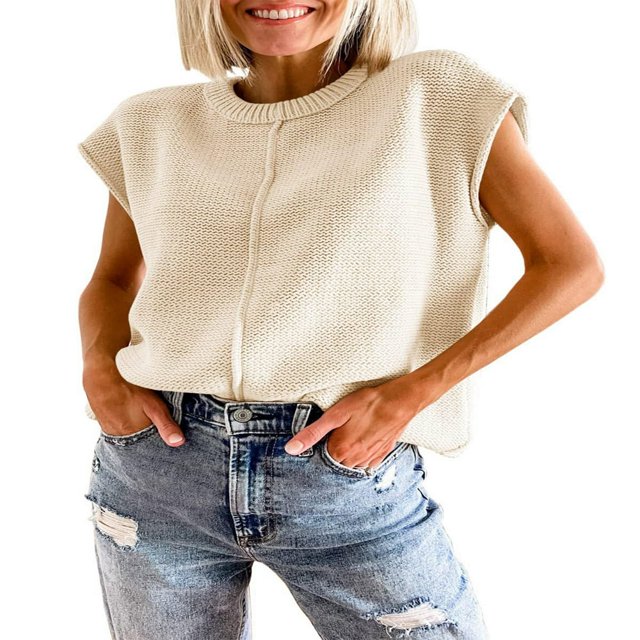 Women Solid Color Sweater Vests Crew Neck Cap Sleeve Loose Pullovers