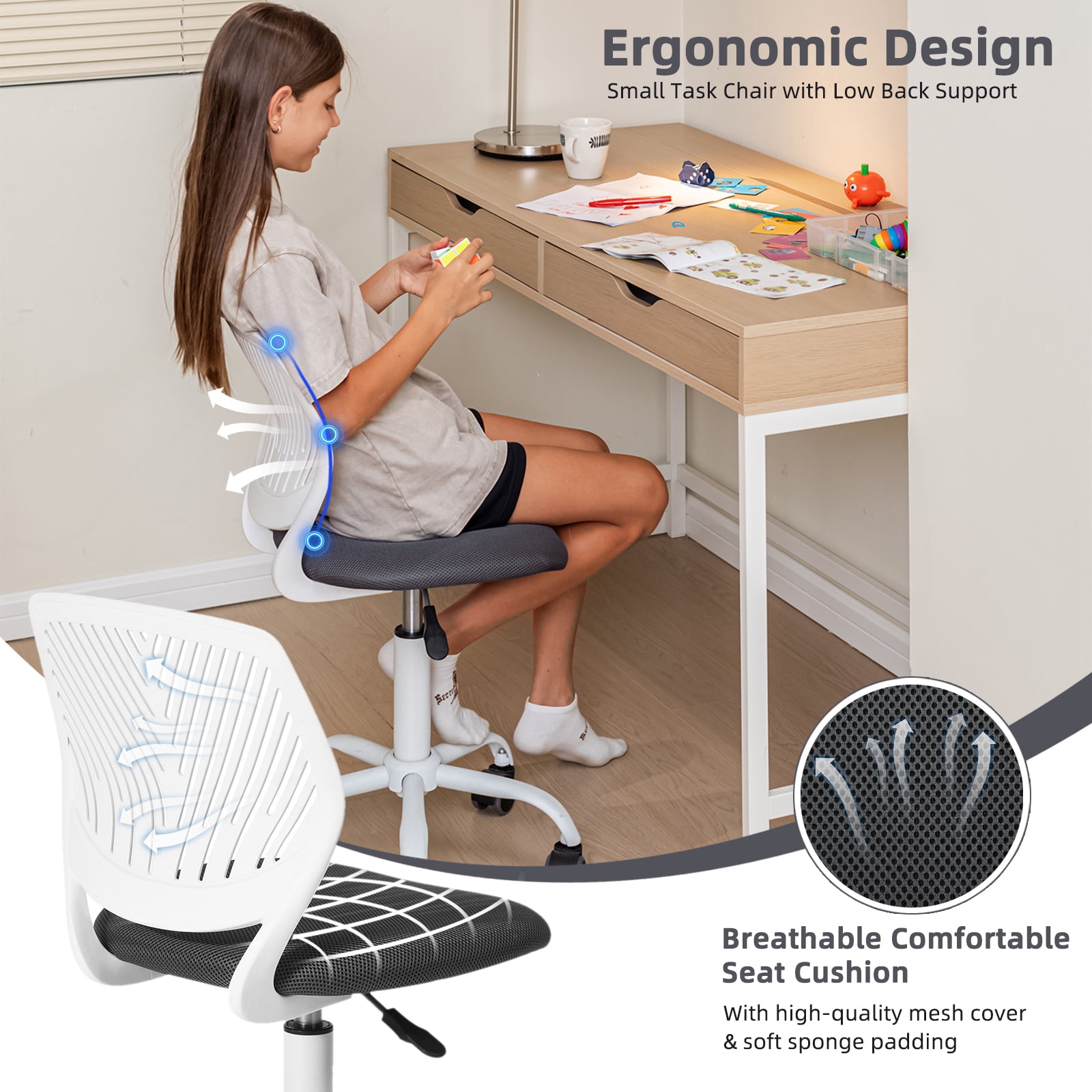 Homy Casa Lot de 2 chaises de bureau compactes à roulettes pour étudiants