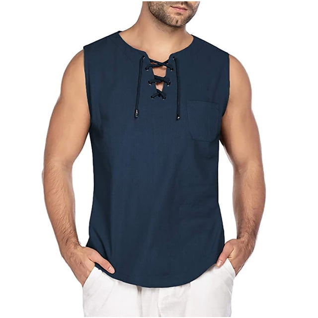 Styesk Tank Tops Men Men's Fashion Drawstring Color Cotton And Linen Sleeveless T-shirt Tops