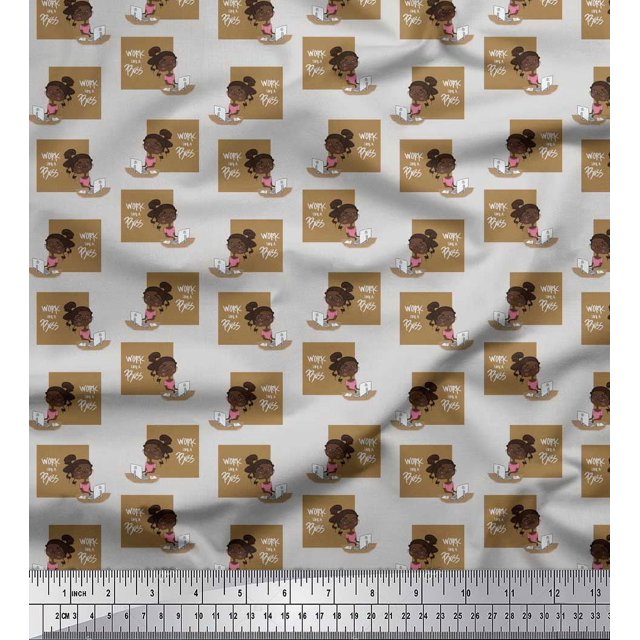 Soimoi Brown polyester Crepe Fabric Monitor & Bossy Girl Print Fabric by the Yard 52 Inch Wide