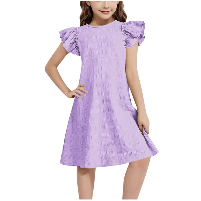 Mgmyaa Robe Fille à Manches Courtes, Couleur Unie, Ligne A, Manches Volantées, Robe Évasée à Volants, 4-15 Ans