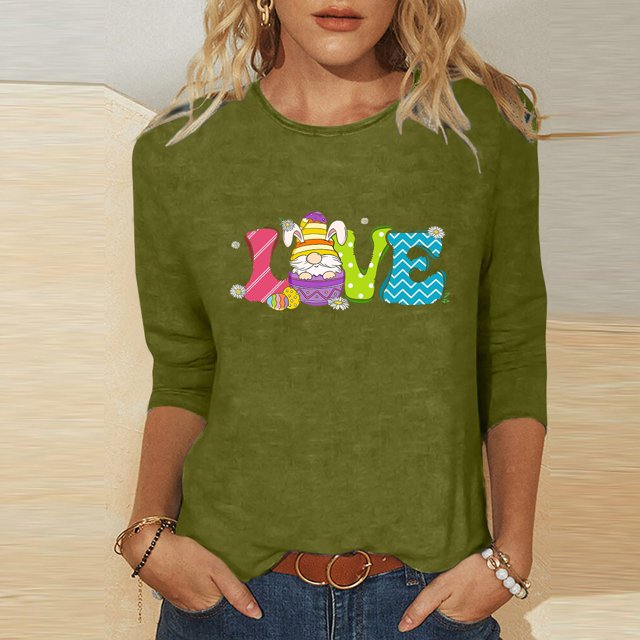 Xihbxyly Hauts Décontractés pour Femmes T-shirt à Col Rond Imprimé de Pâques à Manches 3/4 T-shirt à Col Rond Chandail à Enfiler Tendance à Petit Budget
