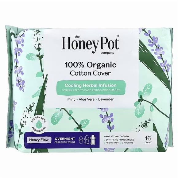 The Honey Pot Company, 100% Organic Cotton Cover Heavy Flow Overnight Pads, 16 Count