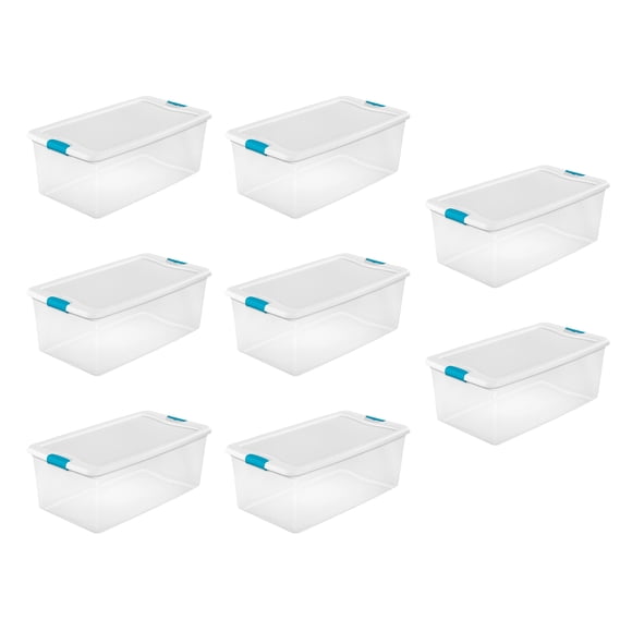 Sterilite Bac de Rangement en Plastique Transparent de 106 Pintes avec Couvercle à Loquet Blanc, Lot de 8