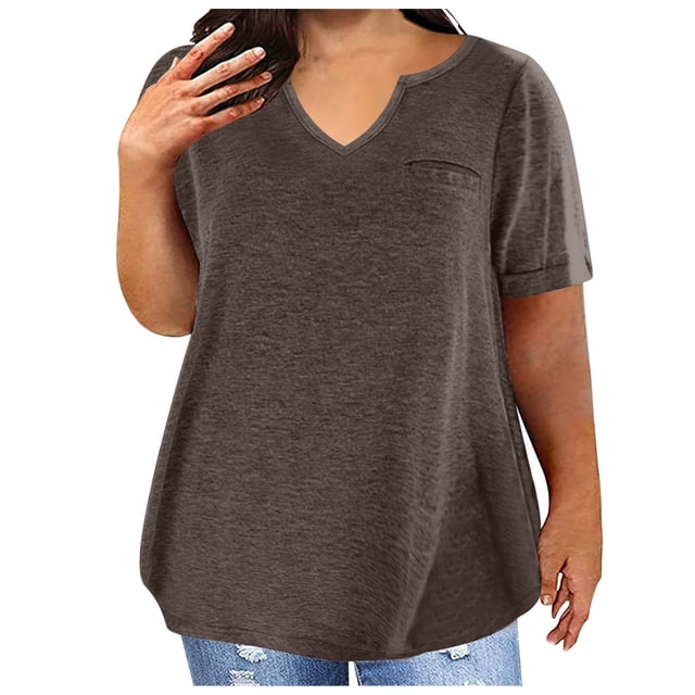 Jsaierl Women's Summer Solid Color Tops Plus Size Short Sleeve Notched V Neck Shirts Work Business Life Blouses