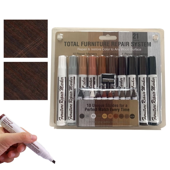 Ensemble de Marqueurs de Réparation pour Égratignures de Meubles 8 Marqueurs + 8 Craies de Cire + 1 Taille-Crayon, Stylo de Peinture 2,5 ml pour la Restauration des Égratignures sur Bois, Plancher et Cuir – Trousse Complète de Réparation Bricolage