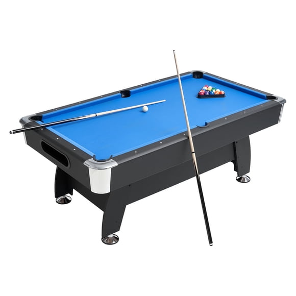KFFKFF Pool Table, 7 ft Portable Billiards Tables, Adjustable Feet Stable Game Table, Entertainment Set Includes Ball, Cue, Black with Bule Cloth