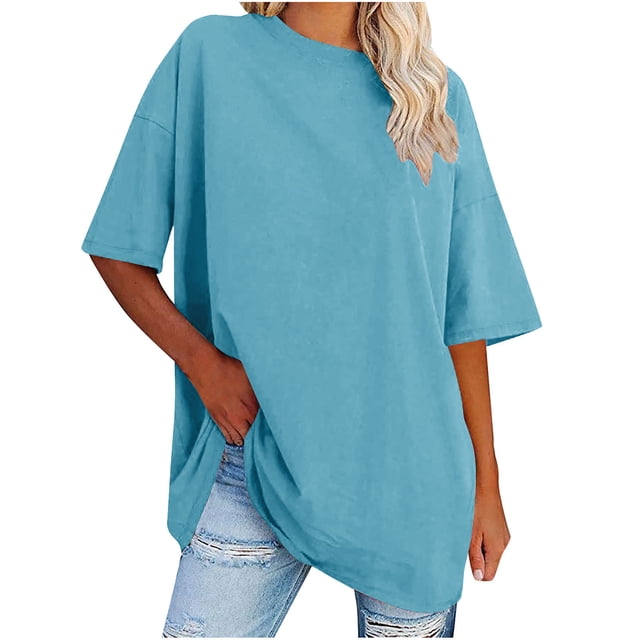 Plebaso T-Shirts Surdimensionnés pour Femmes 2025 Manches Courtes Hauts Amples Col Rond Décontracté Uni T-Shirts Basiques pour Femmes
