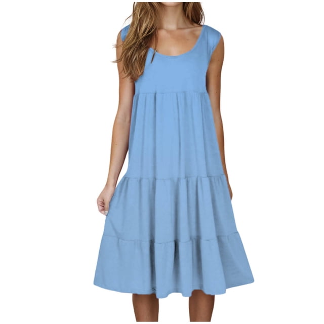 Robes d'Été pour Femmes 2025 en Liquidation Robes d'Été pour Femmes 2025 Robe Débardeur Sans Manches Robe de Plage Vacances Robe d'Été Robe à Étages Robes Fluides Mini Robes Courtes d'Été Nouvelles Bleu Ciel 4TG