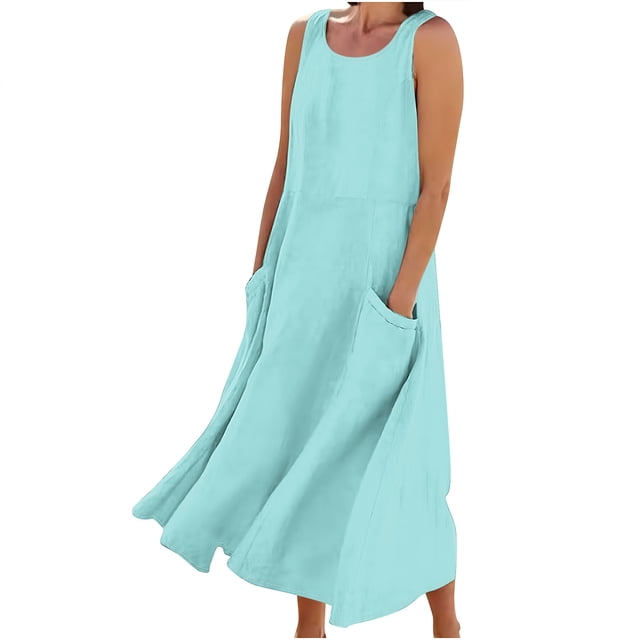 AherBiu Robes Maxi pour Femmes 2024 Été Robe d'Été Décontractée Sans Manches, Coupe Ample style Débardeur avec Poches. Fabriquée en Tissu polyester Doux et Respirant, Cette Robe Bleu Pâle Est Idéale pour les occasions Décontractées comme les Sorties à la Plage, le Magasinage Ou le Quotidien. la Robe Présente une silhouette Fluide et une Encolure Ronde, Offrant Confort et style pour Temps Chaud.