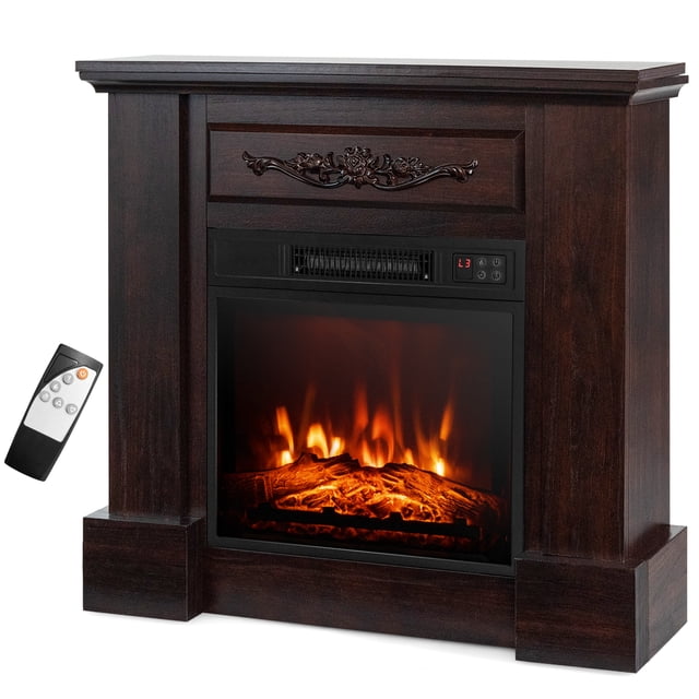 Costway Meuble Télé pour Manteau de Foyer Électrique de 32 Pouces, Chauffage d'Appoint Brun avec une Capacité de Chauffage de 1400 W. Doté d'Une Flamme Dansante 3D Vivante avec 3 Niveaux de Luminosité Réglables, un Comptoir Spacieux et une Finition Élégante Façon Bois. Comprend une Télécommande pour une Utilisation Pratique et Offre une Plage de Chauffage de 400 Pi2 avec une Sortie de Chaleur de 5000 BTU. Conçu avec des Caractéristiques de Sécurité comme une protection contre la Surchauffe, une certification CSA et un Dispositif Anti-Basculement. Dimensions : 32 Pouces x 9 Pouces x 3