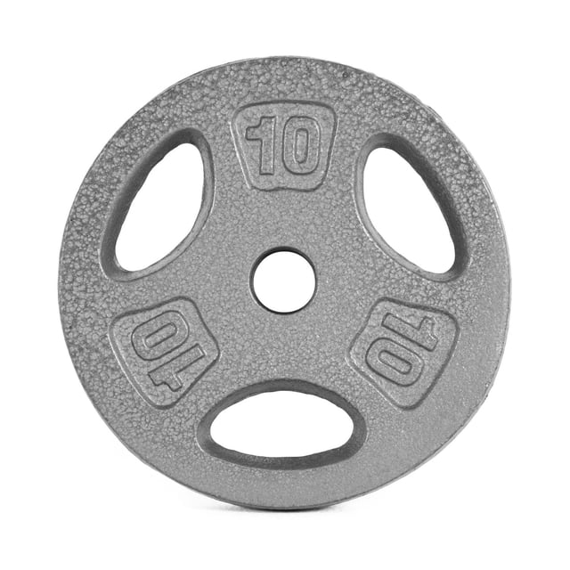 CAP Barbell Standard 1-inch Weight Lifting Grip Plate, 10 lb, Single, Grey, front view of a round cast iron weight plate with a textured grey enamel finish, three grip holes for easy handling, and raised '10' markings around the machined center hole, designed for 1-inch bars in strength training and cardiovascular fitness.