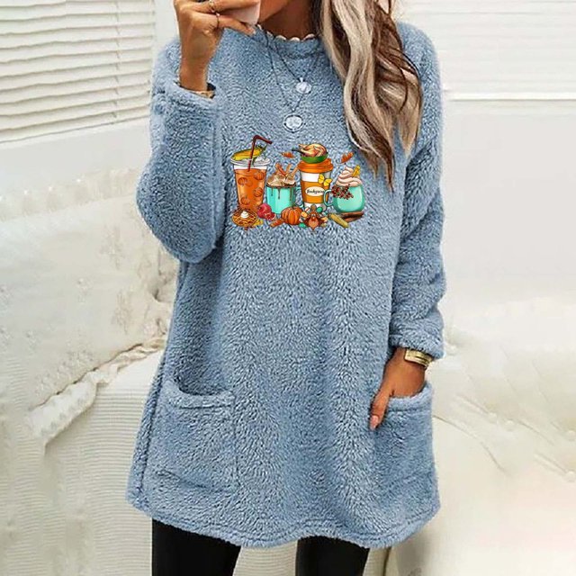 Hauts Mignons pour Femmes à Col Rond et d'Hiver Ample Imprimé avec Poche Chaude à Manches Longues Blouse Hauts Chemises d'Entraînement pour Femmes en Liquidation