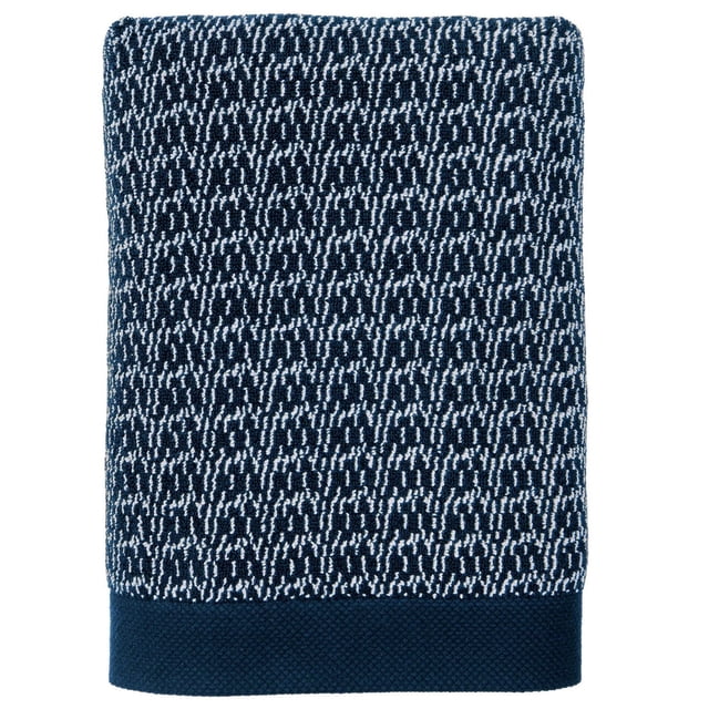 Better Homes & Gardens Signature Soft Melange Bath Towel folded with a dark blue and light grey melange pattern and solid dark blue border, made of 90% US cotton and 10% viscose for extra absorbency and softness, suitable for kids' bathroom use and often used as a cozy hand towel.