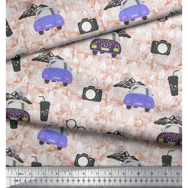 Soimoi Modal Satin Fabric Specs,Camera & Car Transport Print Fabric by the Yard 42 Inch Wide