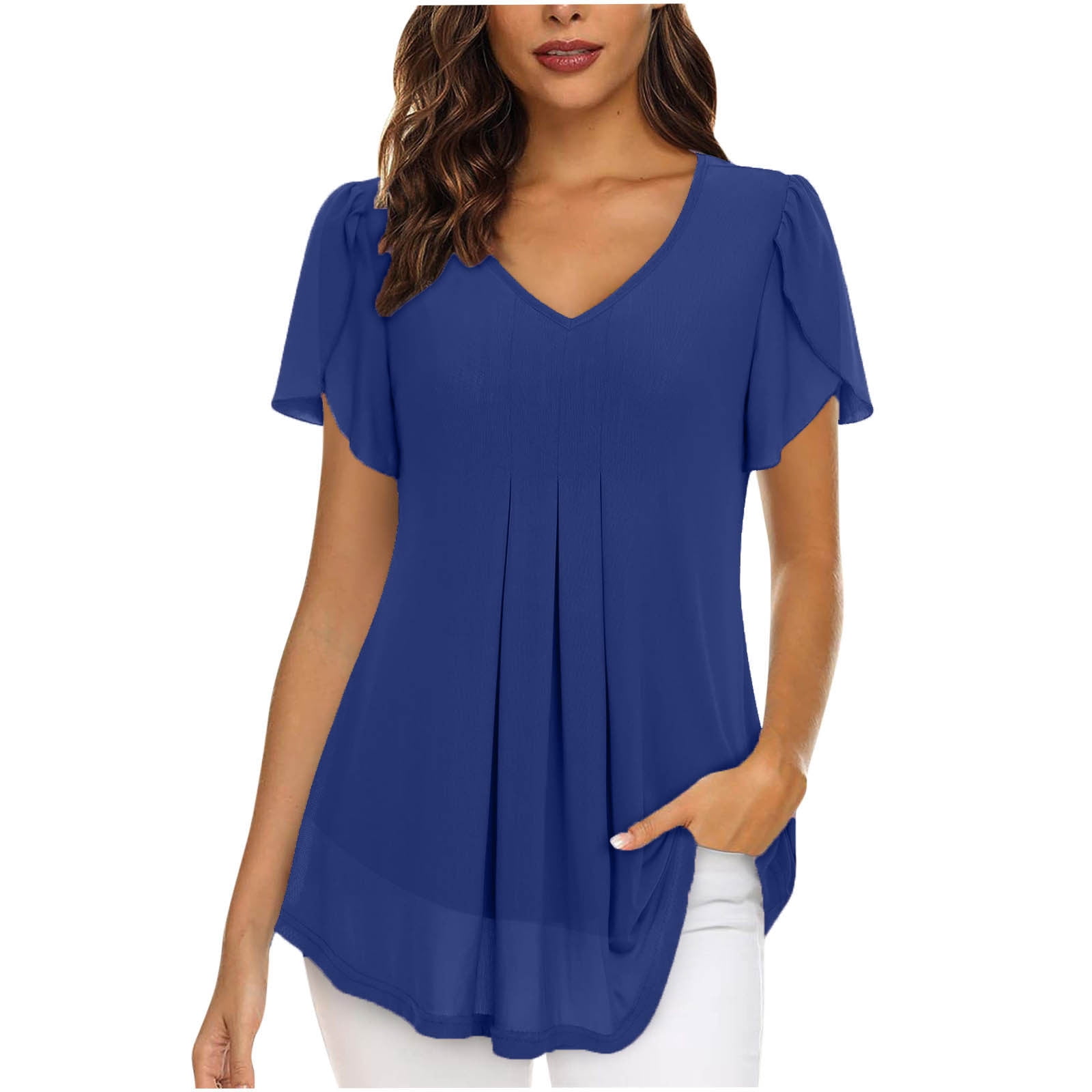Timegard Hauts pour Femmes Été Chiffon Col en V Manches Courtes Pétale Blouse Plissée Fluide Tunique Décontractée Hauts