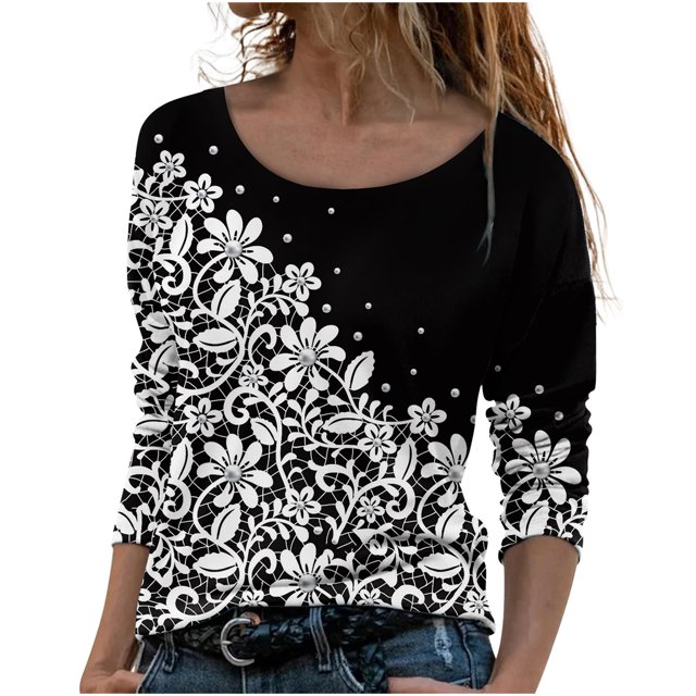 Machine d'Impression de T-Shirts Mode Femmes Décontracté Impression Col Rond Manches Longues T-Shirt Ample Blouse d'Automne Chandail Hauts