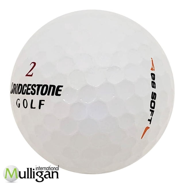 Mulligan - 48 Bridgestone e6 Soft 5A Recycled Used Golf Balls, White showing a close-up of a white dimpled golf ball with black Bridgestone Golf logo, red number 2, and orange e6 Soft marking, emphasizing its recycled 5A quality ideal for all skill levels and eco-friendly golf play.