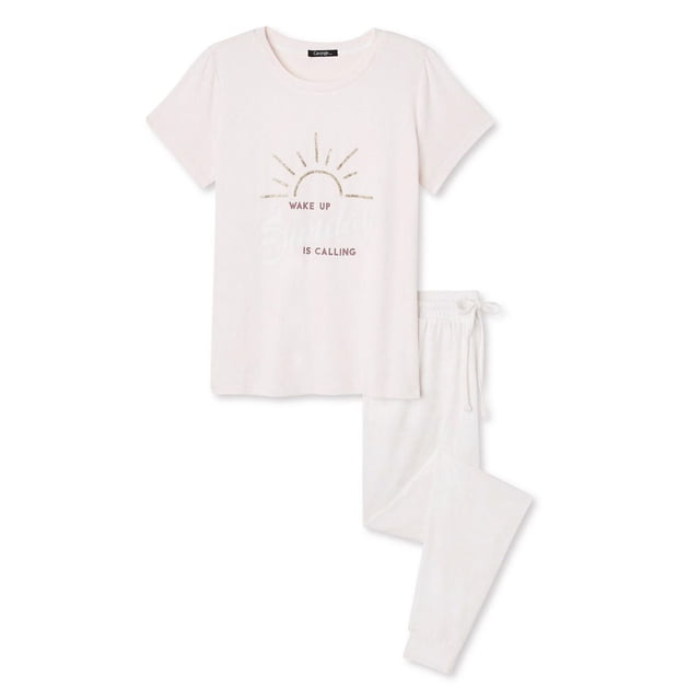 George Pyjama Hacci pour Femme, Ensemble 2 Pcs avec un T-Shirt à Manches Courtes Col Ras du Cou Rose Pâle avec un Graphique Soleil Doré et le Texte « Le Réveil du Dimanche Appelle », Assorti à un Pantalon jogger en Tricot Hacci Rose Pâle Assorti avec une Taille Élastique à Cordon et des Poignets Ajustés, Idéal pour des Vêtements de Nuit Confortables Ou des Tenues de Détente Décontractées.