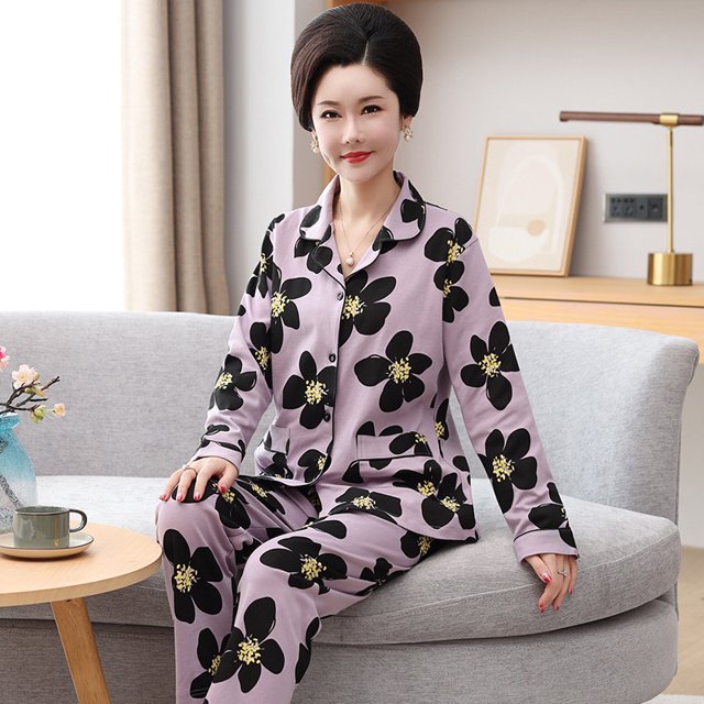REDHOTYPE Femmes Matures Mode Imprimé Pyjama pour Dames Manches Longues Pantalon Long Coton Grande Taille Col Rond Tenue de Détente Ensemble Deux Pièces