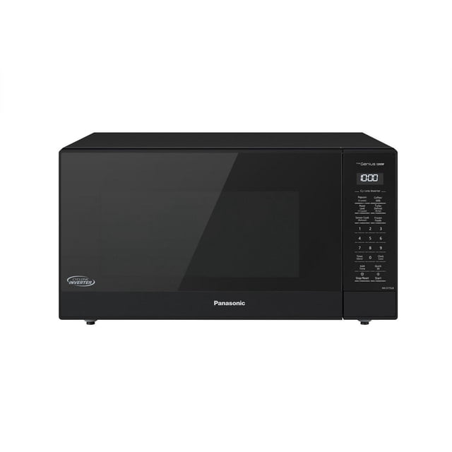 Panasonic Four à Micro-Ondes Cyclonique à Onduleur avec un design Rectangulaire Noir Mince, Porte en Verre Fumé et Panneau de Commande Numérique sur la Droite avec 15 Programmes Automatiques et un Affichage d'Horloge Numérique. Il Offre une Puissance de 1200 W et une Technologie à Onduleur Cyclonique pour une Cuisson Efficace, Marqué du logo Panasonic au Centre Inférieur.