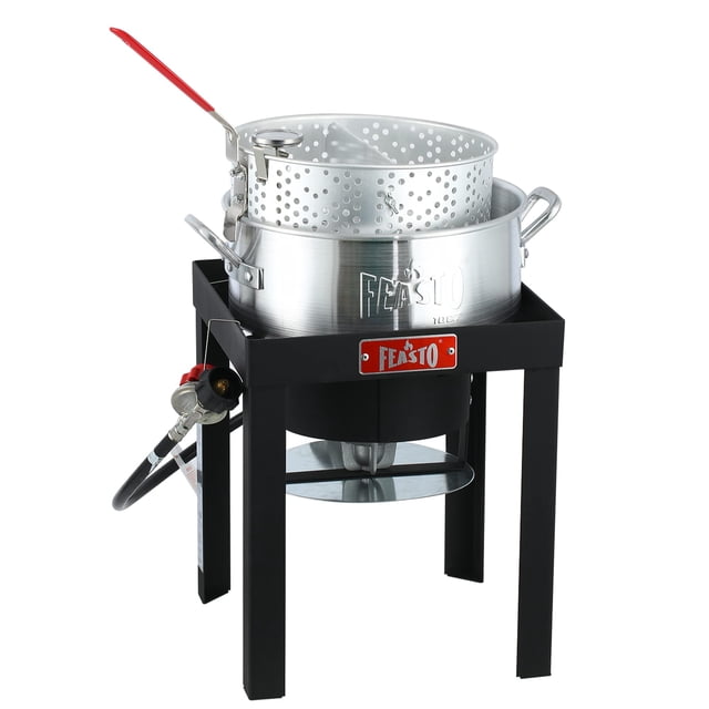 FEASTO Ensemble de Friteuse à Poisson au Propane pour l'Extérieur de 10 QT, Casserole Profonde au Propane pour l'Extérieur avec Panier, Régulateur Réglable, Friteuse à Gaz de 50 000 BTU, Cadre sur Pied, Cuiseur à Poisson, Cuisson Extérieure