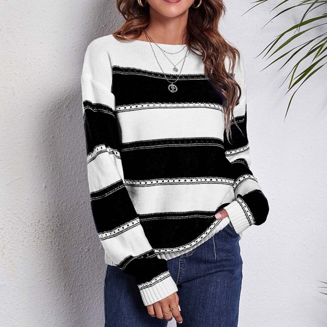Dvkptbk Sweaters for Women Femmes Rond-Col Bande Épissage Pull Récréatif Tricot Pull Manches Longues Clothes sur l'Autorisation