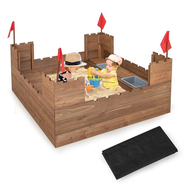 Gymax Solid Wood Kids Sandbox w/ 2 Bench Seats Outdoor Sandpit w/ Storage Box & Flags