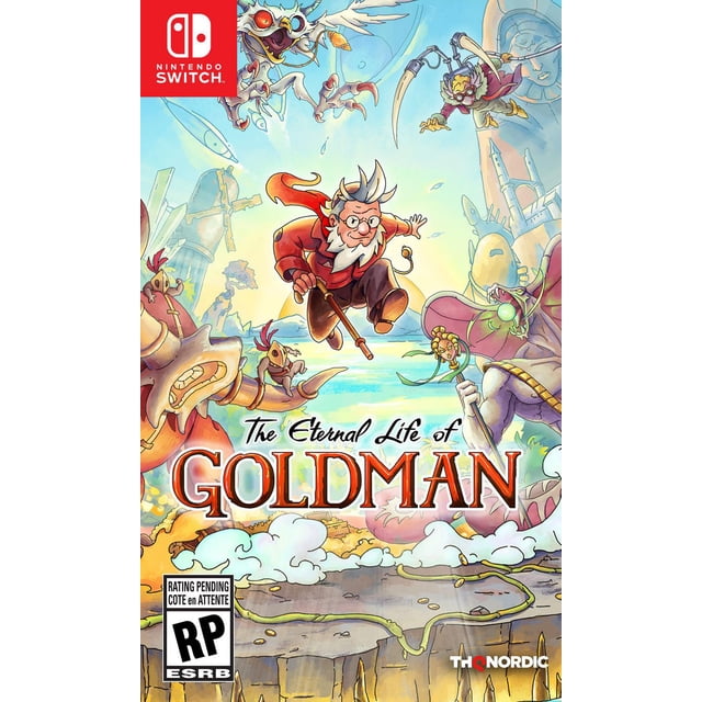 The Eternal Life of Goldman Nintendo Switch game cover featuring a hand-drawn 2D adventure with a white-haired character in a red jacket jumping with a cane, surrounded by mythical creatures and a vibrant archipelago background, emphasizing exploration and platforming.