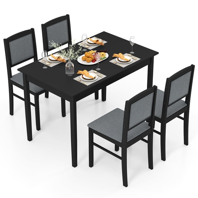Costway 5 PCS Dining Table Set for 4 with Rubber Wood Legs Upholstered Seat Padded Backrest Gray