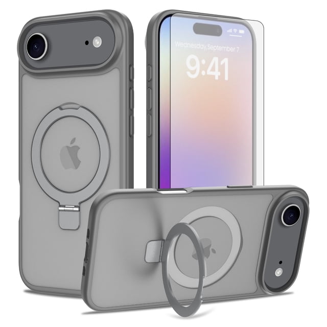 Asuwish Phone Case for iPhone 17 Air 6.5 inch Tempered Glass Screen Protector Magnetic Folding Stand Frosted Translucent Rugged Shockproof Protective Cell Cover i Phone17 i17 17Air Women Men Grey